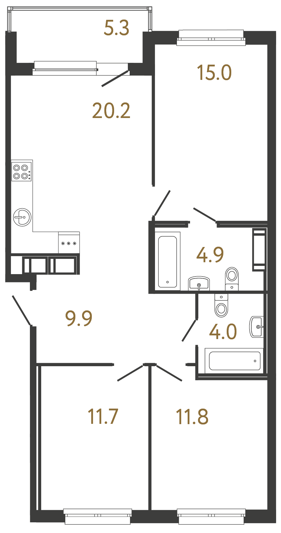 3-комнатная квартира №118 в: Передвижники: 77.5 м²; этаж: 7 - купить в Санкт-Петербурге