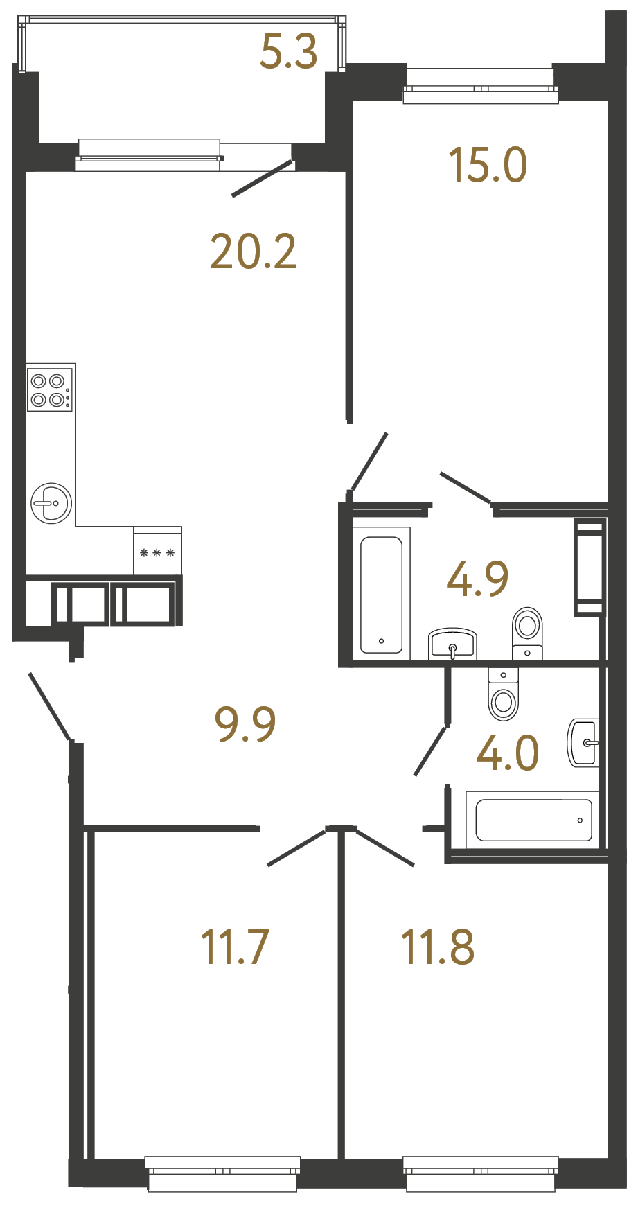 3-комнатная квартира, 77.5 м²; этаж: 3 - купить в Санкт-Петербурге