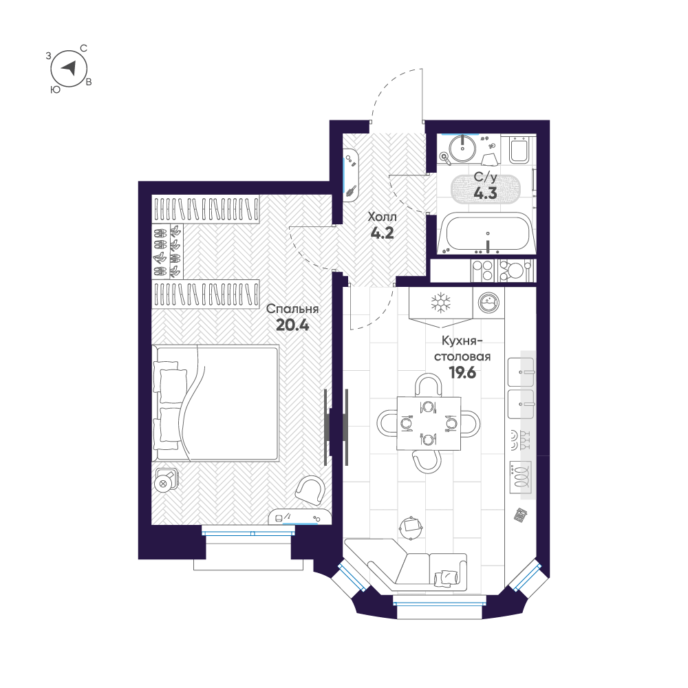 1-комнатная квартира №56 в Мариинка Deluxe 1-й корпус: 48.5 м², этаж 3 - купить в Санкт-Петербурге