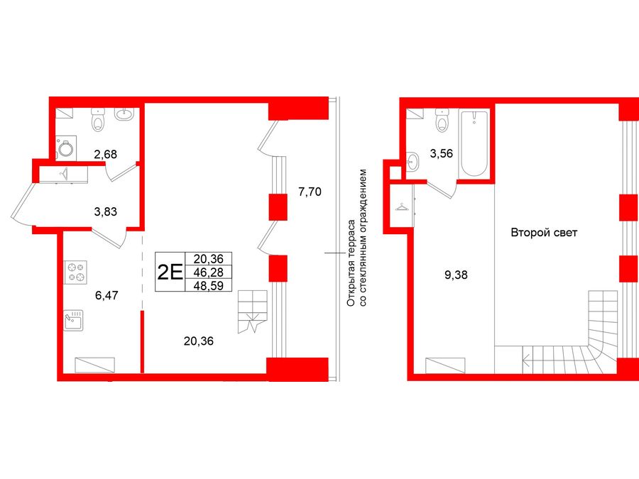 1-комнатная квартира №202 в Аристократ 1-й корпус: 46.28 м², этаж 8 - купить в Санкт-Петербурге