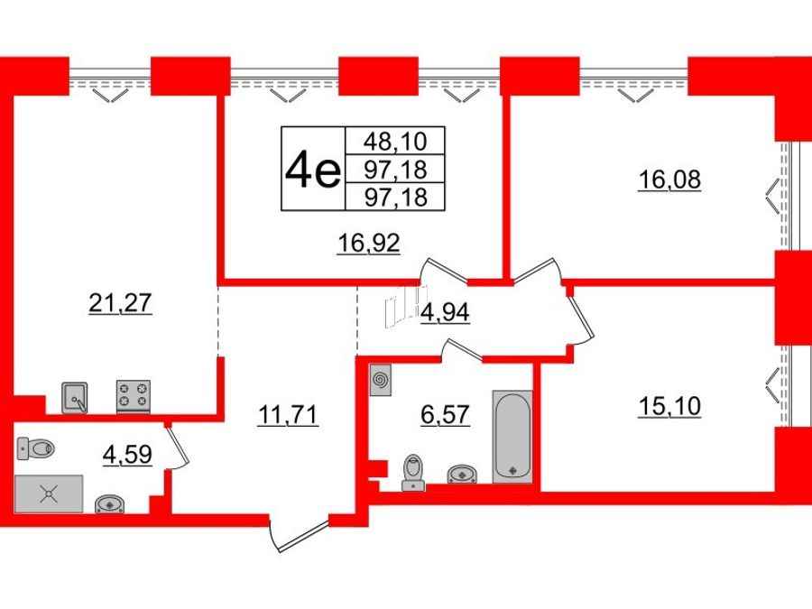 3-комнатная квартира, 97.18 м²; этаж: 4 - купить в Санкт-Петербурге
