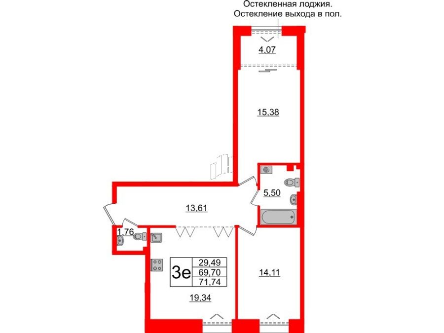 2-комнатная квартира, 69.7 м²; этаж: 3 - купить в Санкт-Петербурге