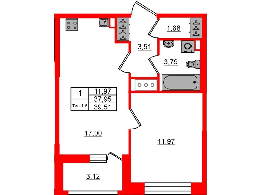 1-комнатная квартира, 37.95 м²; этаж: 5 - купить в Санкт-Петербурге
