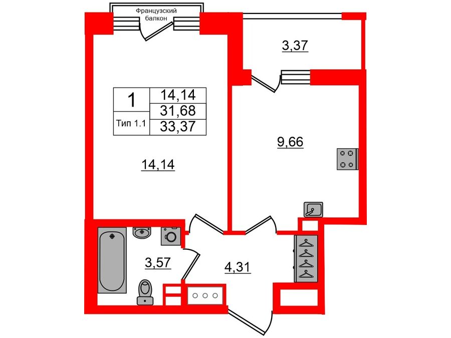 1-комнатная квартира, 31.68 м²; этаж: 10 - купить в Санкт-Петербурге