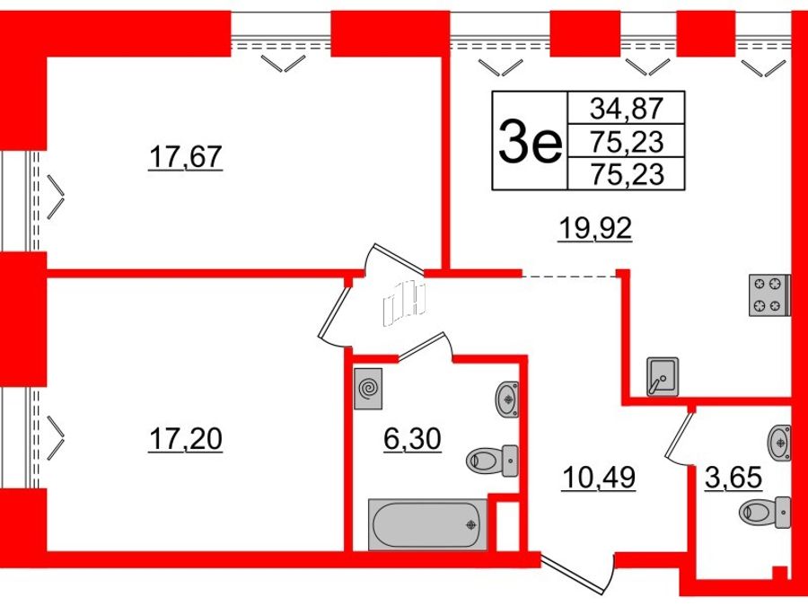 2-комнатная квартира, 75.23 м²; этаж: 2 - купить в Санкт-Петербурге