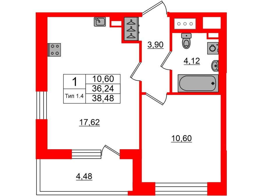 1-комнатная квартира, 36.24 м²; этаж: 16 - купить в Санкт-Петербурге