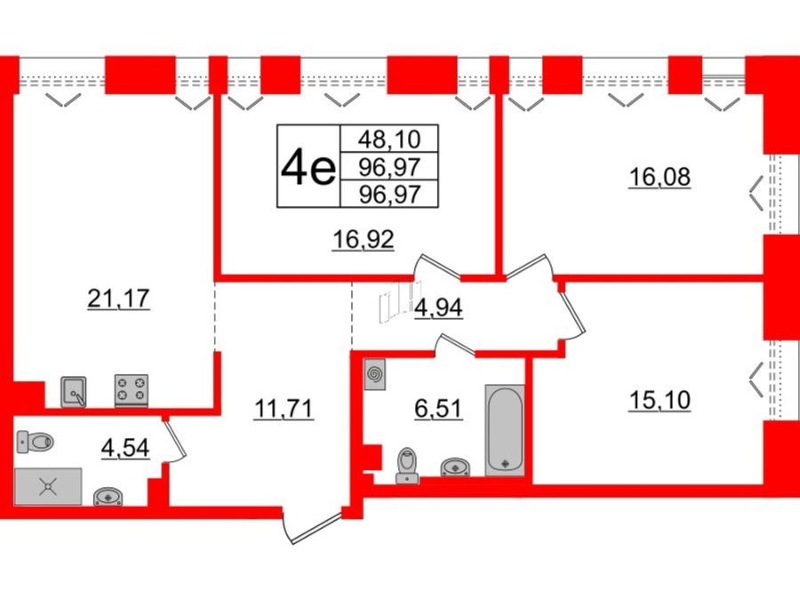 3-комнатная квартира, 96.97 м²; этаж: 5 - купить в Санкт-Петербурге