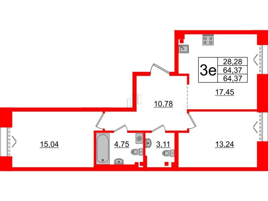 2-комнатная квартира №574 в Imperial club 1-й корпус: 64.37 м², этаж 3 - купить в Санкт-Петербурге