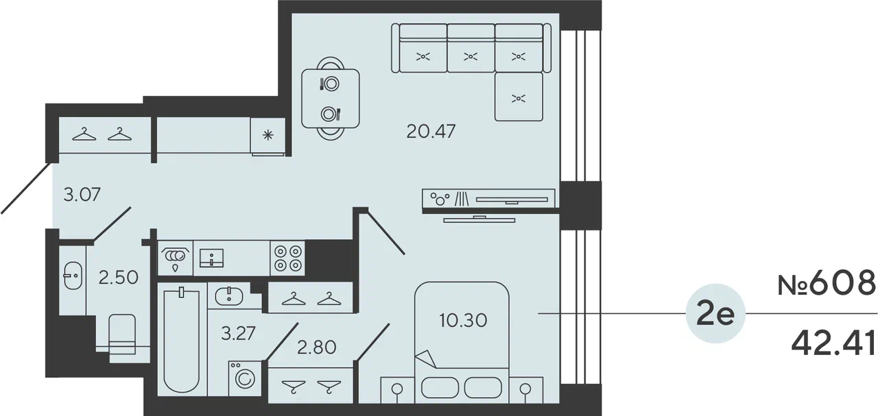 1-комнатная квартира №608 в Bashni Element 3-й корпус: 42.41 м², этаж 7 - купить в Санкт-Петербурге