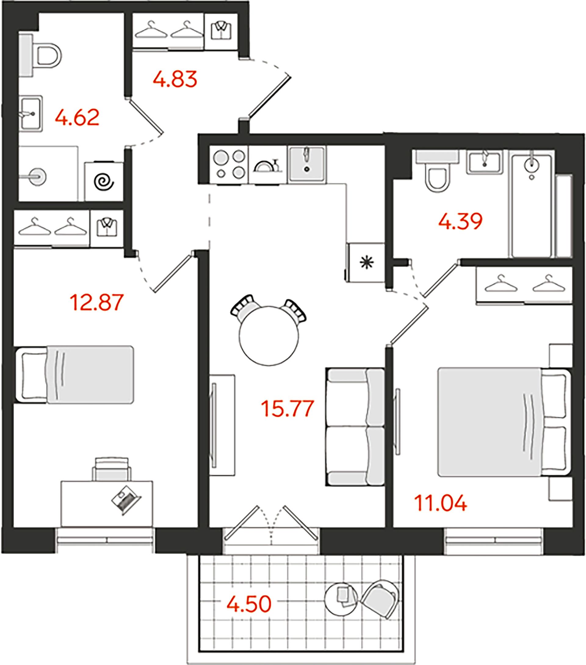 2-комнатная квартира, 54.87 м²; этаж: 4 - купить в Санкт-Петербурге
