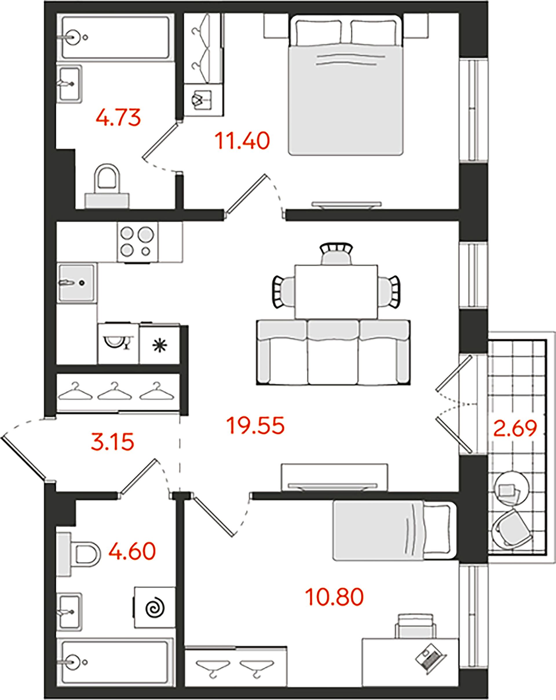 2-комнатная квартира, 55.04 м²; этаж: 4 - купить в Санкт-Петербурге