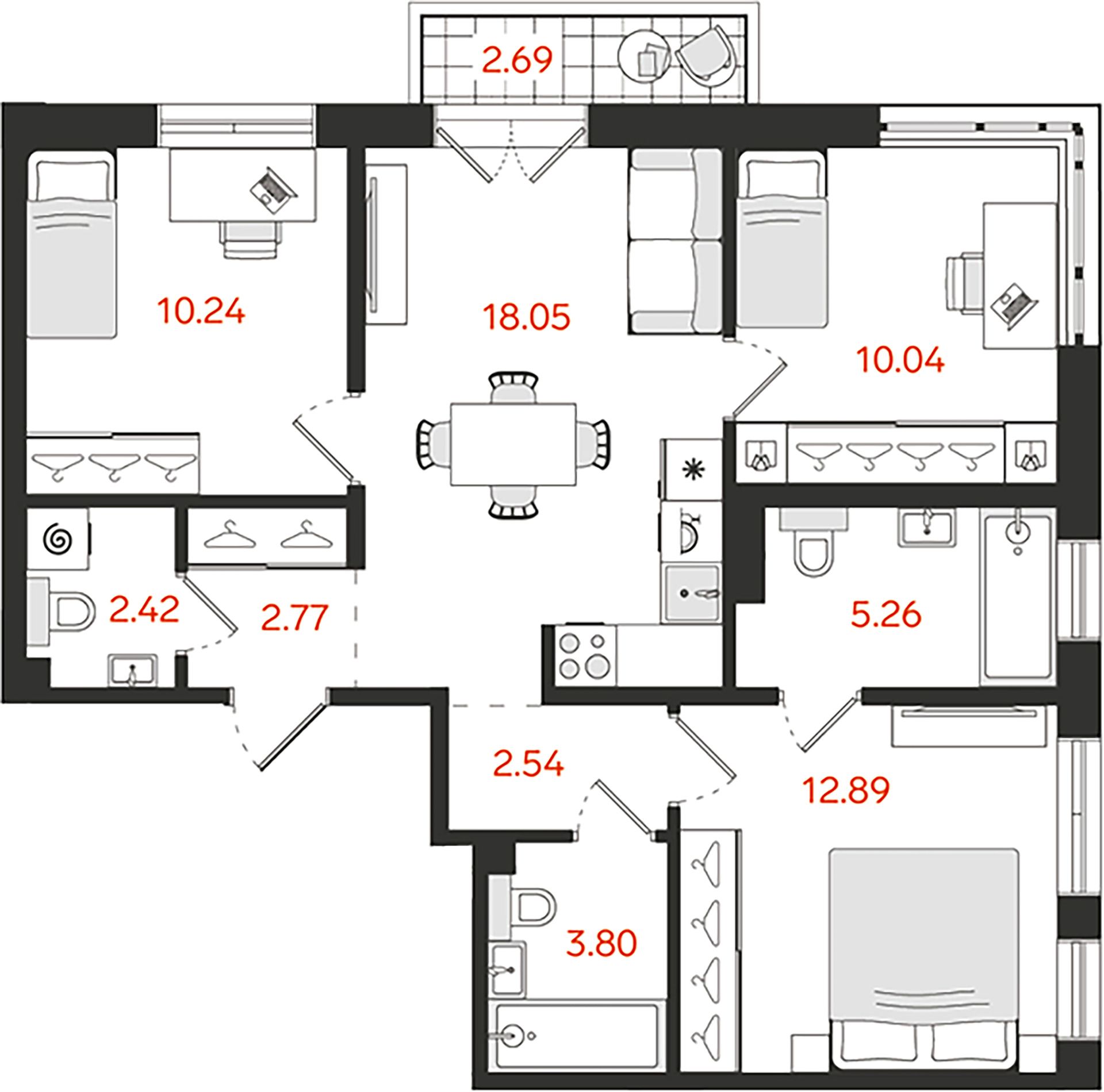 3-комнатная квартира №118 в: СТАВНИ Обводный: 68.82 м²; этаж: 3 - купить в Санкт-Петербурге