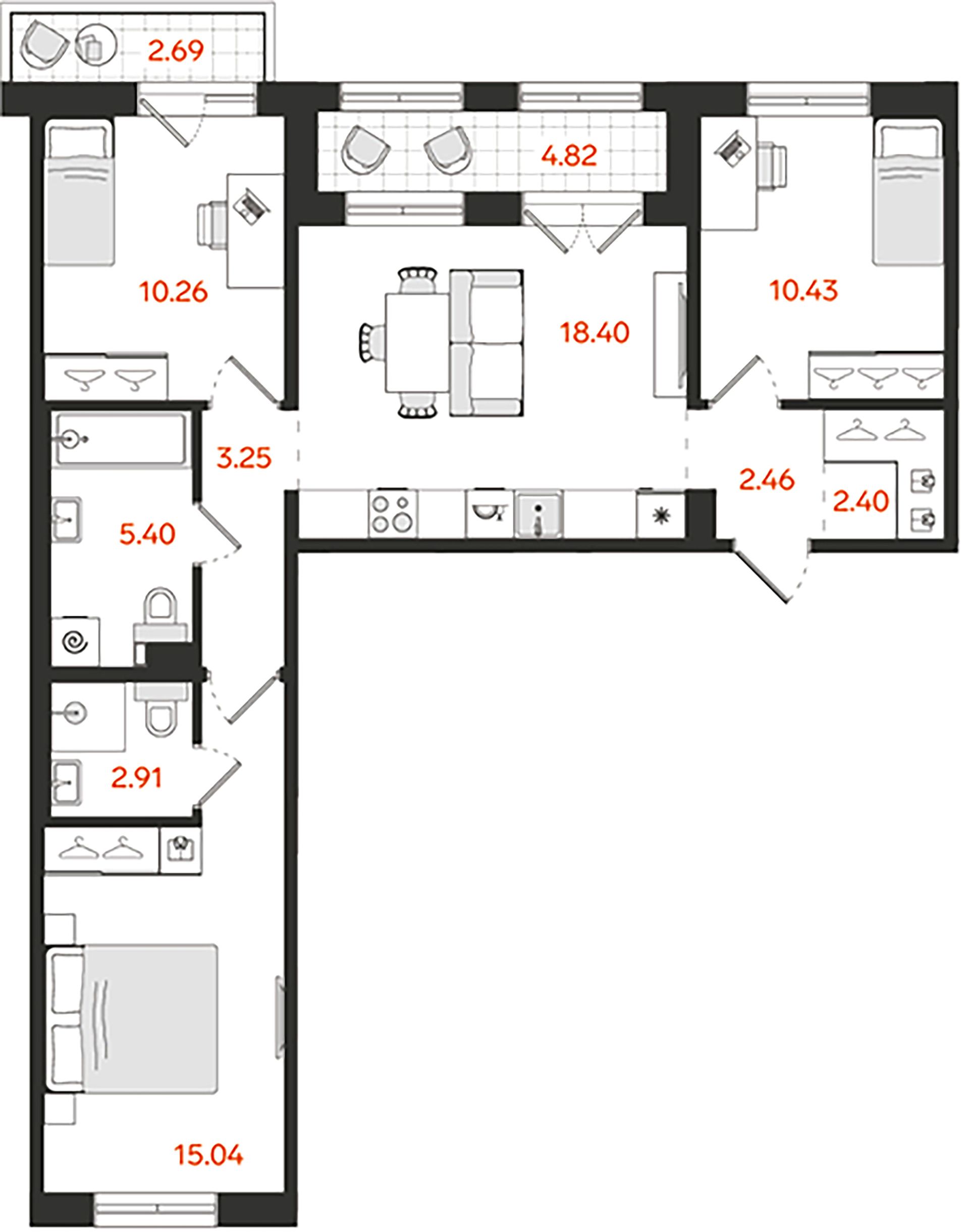 3-комнатная квартира №118 в: СТАВНИ Обводный: 73.7 м²; этаж: 4 - купить в Санкт-Петербурге