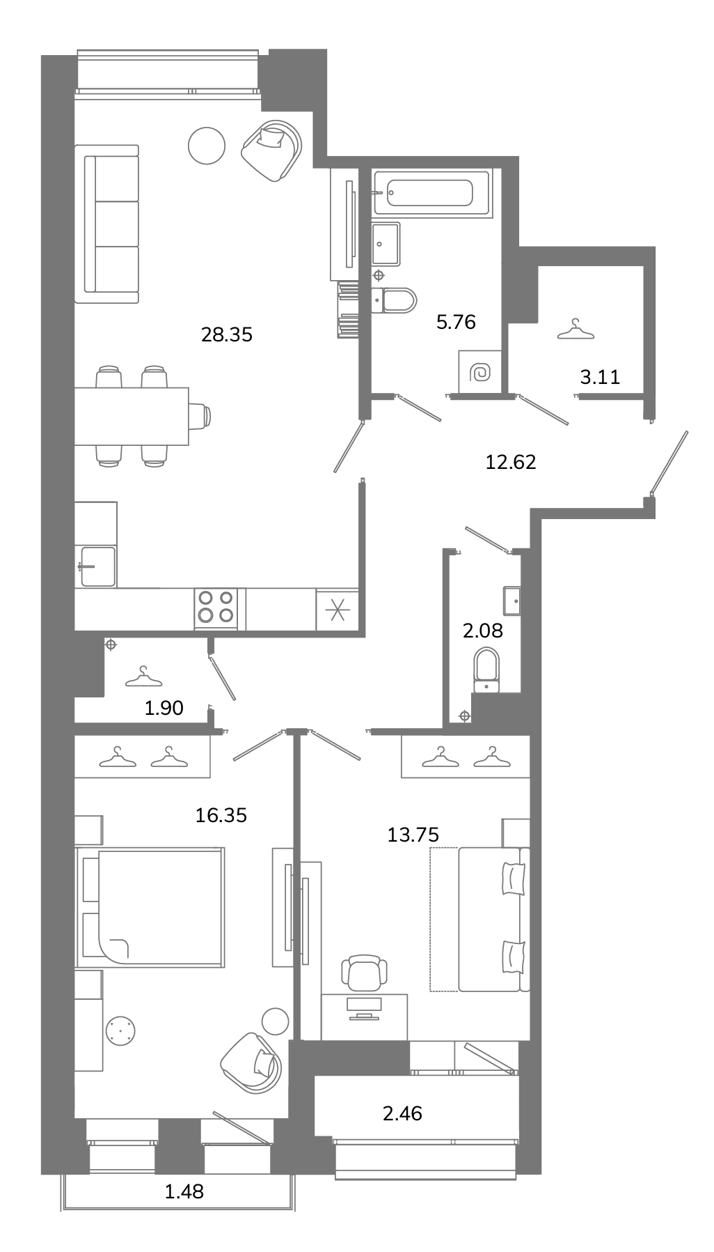 2-комнатная квартира №В10(2-22) в Твой космос 1-й корпус: 85.59 м², этаж 10 - купить в Санкт-Петербурге