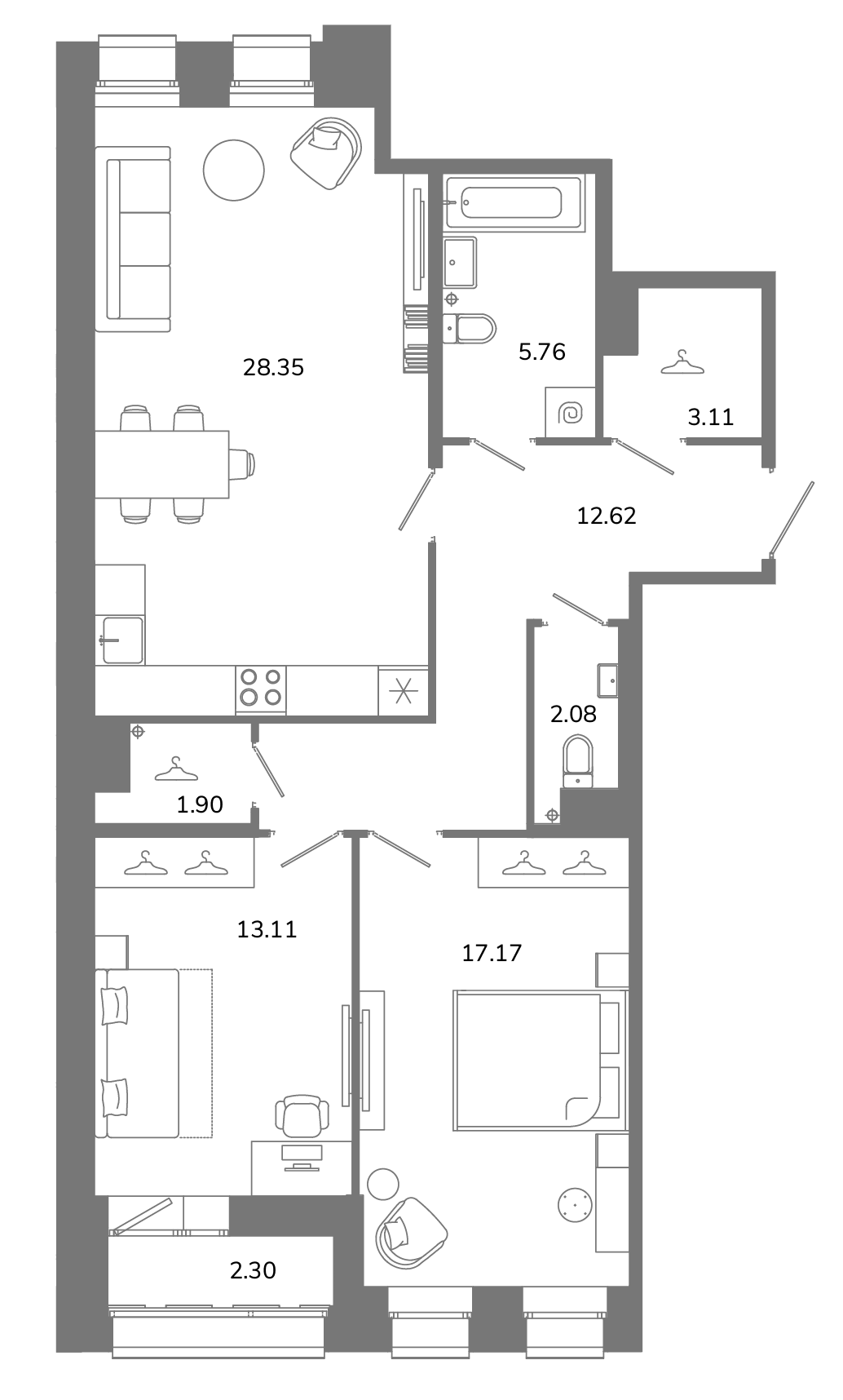2-комнатная квартира №В11(2-24) в Твой космос 1-й корпус: 85.25 м², этаж 11 - купить в Санкт-Петербурге