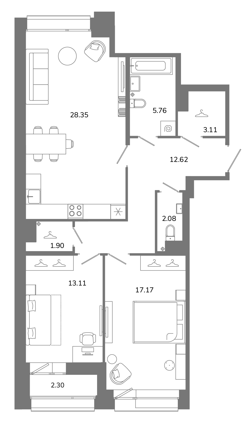 2-комнатная квартира №В12(2-26) в Твой космос 1-й корпус: 85.25 м², этаж 12 - купить в Санкт-Петербурге