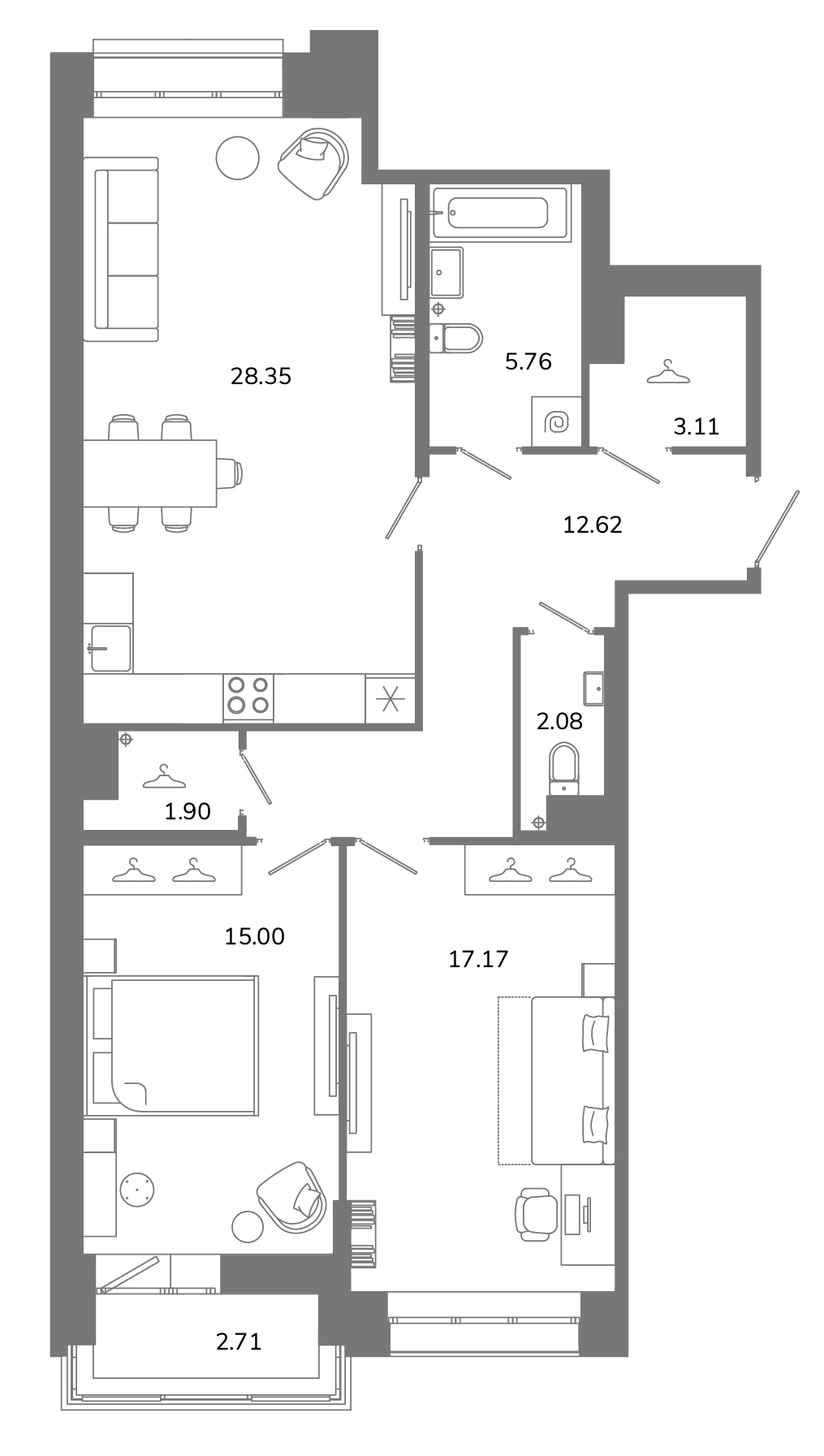 2-комнатная квартира №В6(2-20) в Твой космос 1-й корпус: 87.34 м², этаж 6 - купить в Санкт-Петербурге