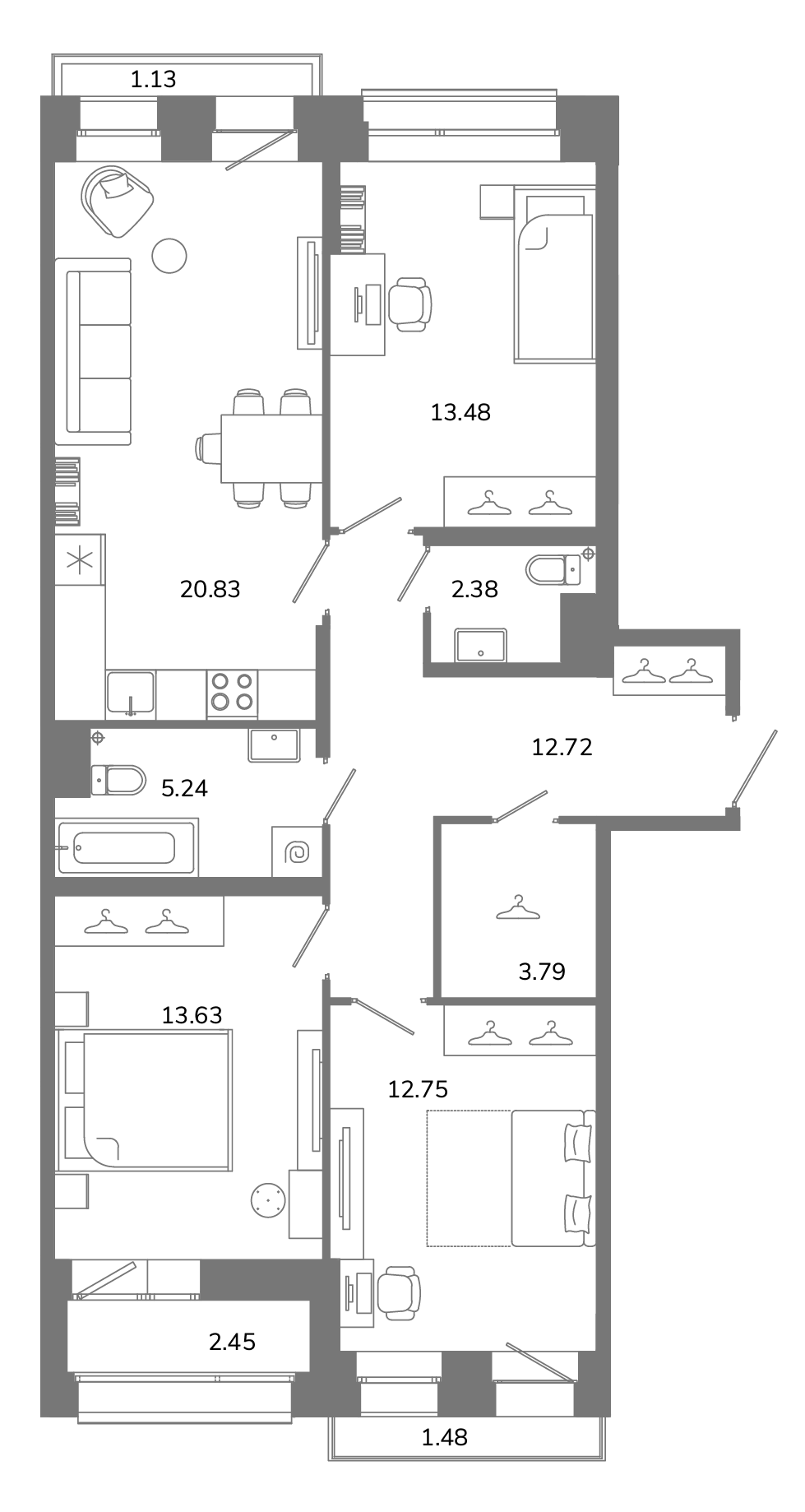 3-комнатная квартира №Б10(3-8) в Твой космос 1-й корпус: 86.82 м², этаж 10 - купить в Санкт-Петербурге