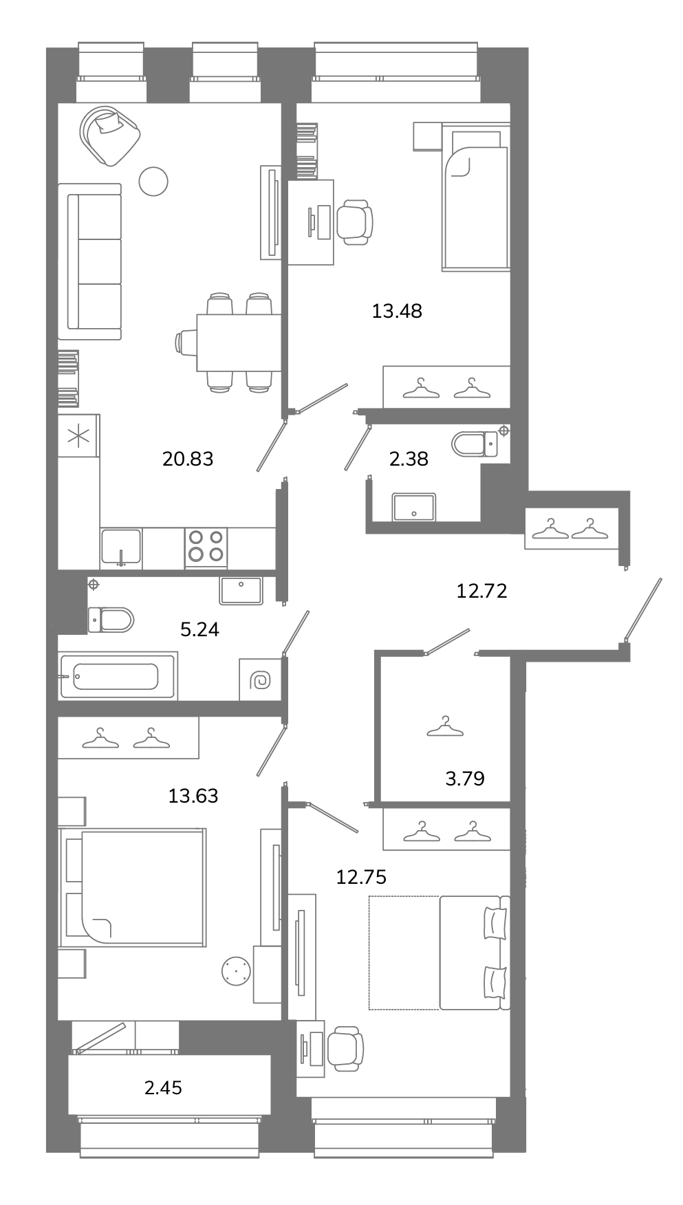 3-комнатная квартира №Б12(3-12) в Твой космос 1-й корпус: 86.04 м², этаж 12 - купить в Санкт-Петербурге
