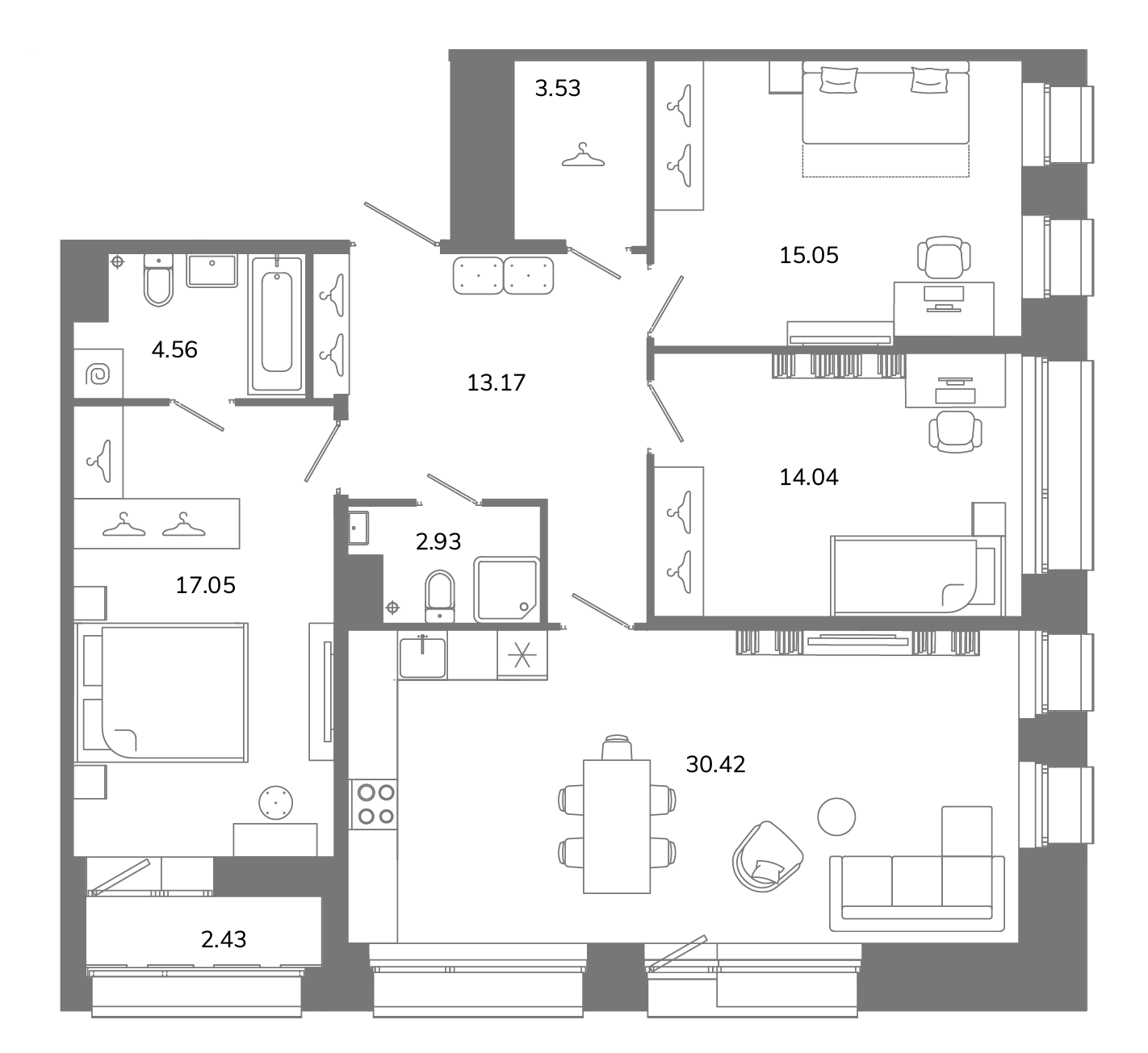 3-комнатная квартира №В11(3-20) в Твой космос 1-й корпус: 101.96 м², этаж 11 - купить в Санкт-Петербурге