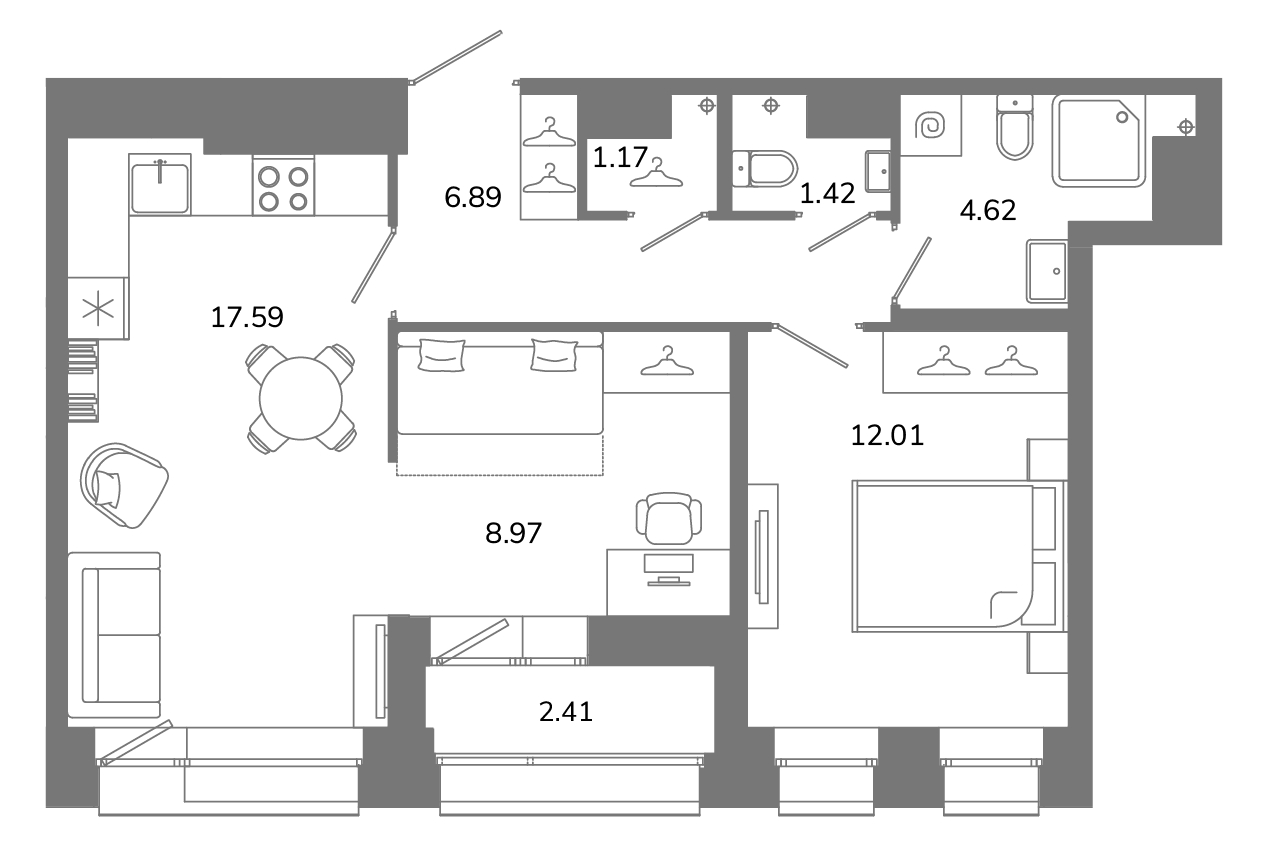2-комнатная квартира №Б12(2-16) в Твой космос 1-й корпус: 53.87 м², этаж 12 - купить в Санкт-Петербурге