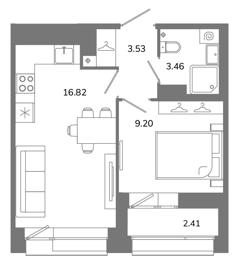 1-комнатная квартира №А12(1-11) в Твой космос 1-й корпус: 34.21 м², этаж 12 - купить в Санкт-Петербурге