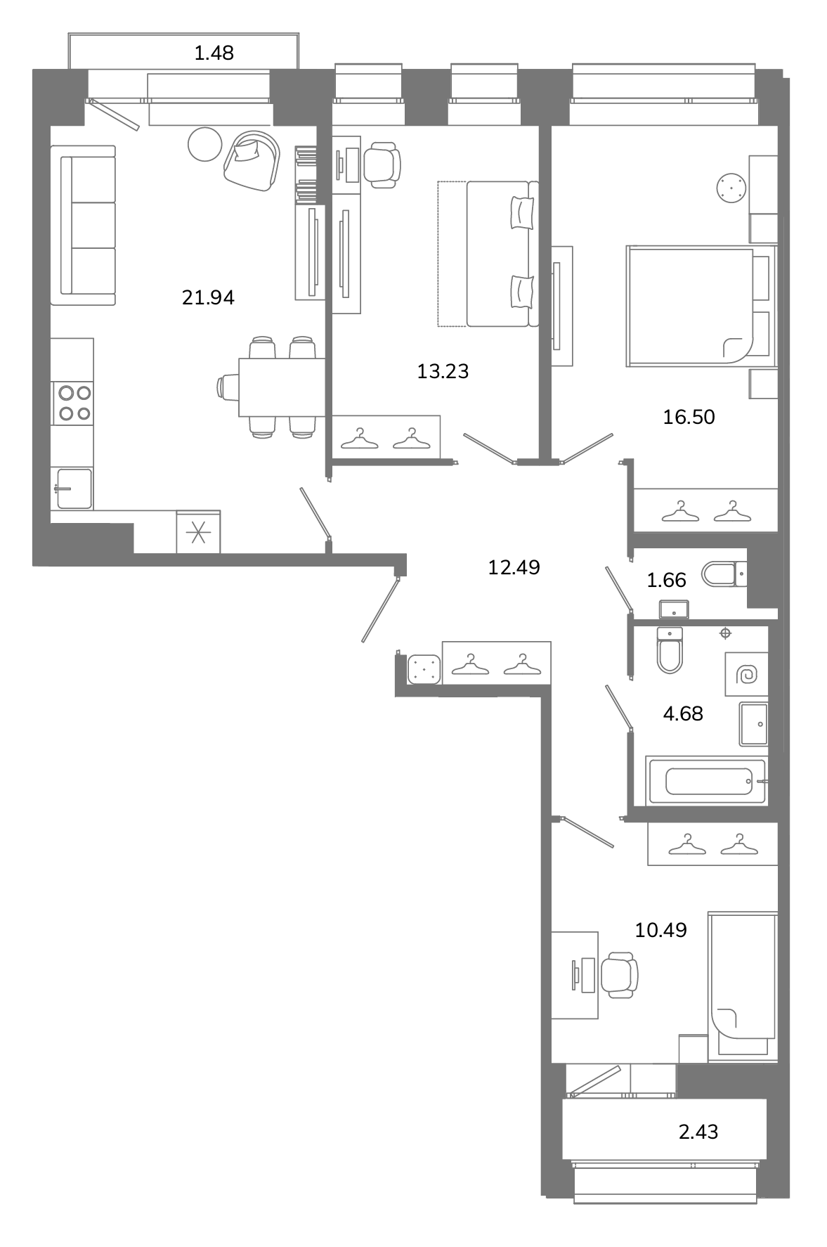 3-комнатная квартира №А10(3-3) в Твой космос 1-й корпус: 82.64 м², этаж 10 - купить в Санкт-Петербурге