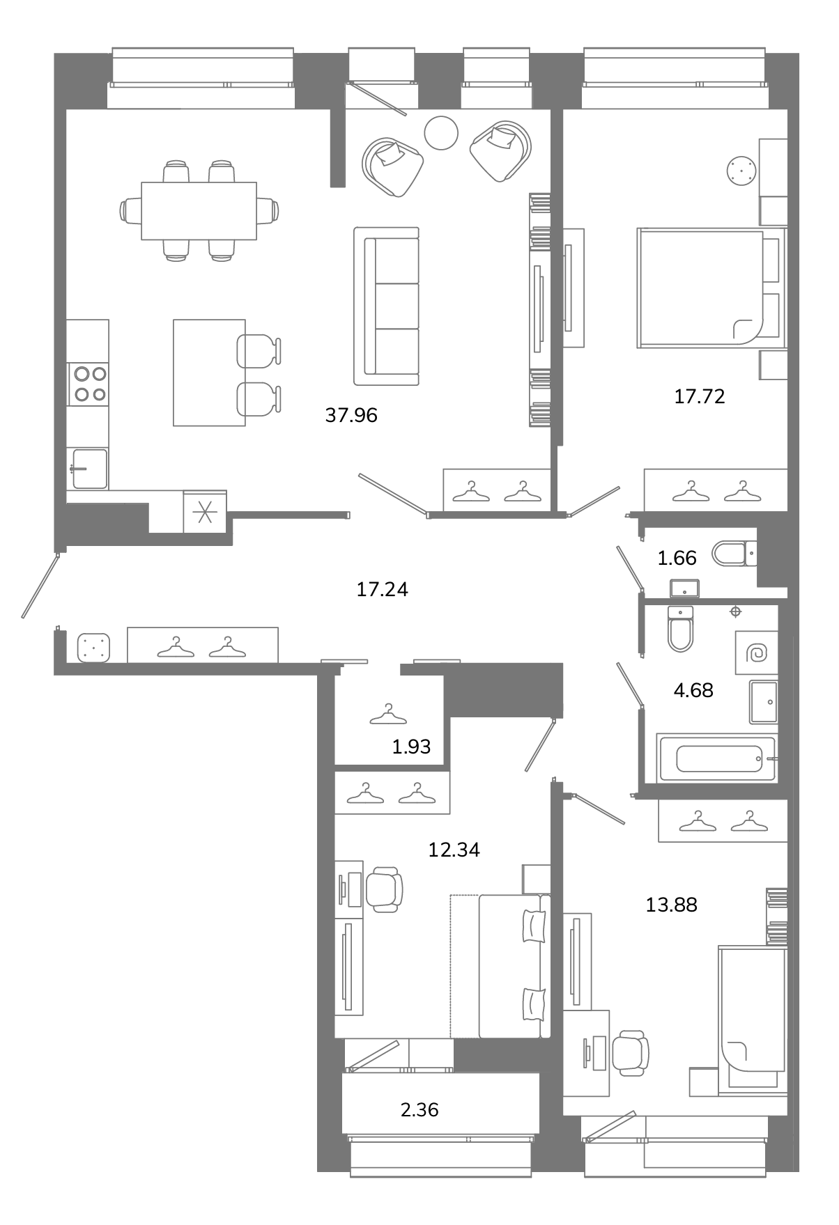 3-комнатная квартира №А12(3-5) в Твой космос 1-й корпус: 108.59 м², этаж 12 - купить в Санкт-Петербурге