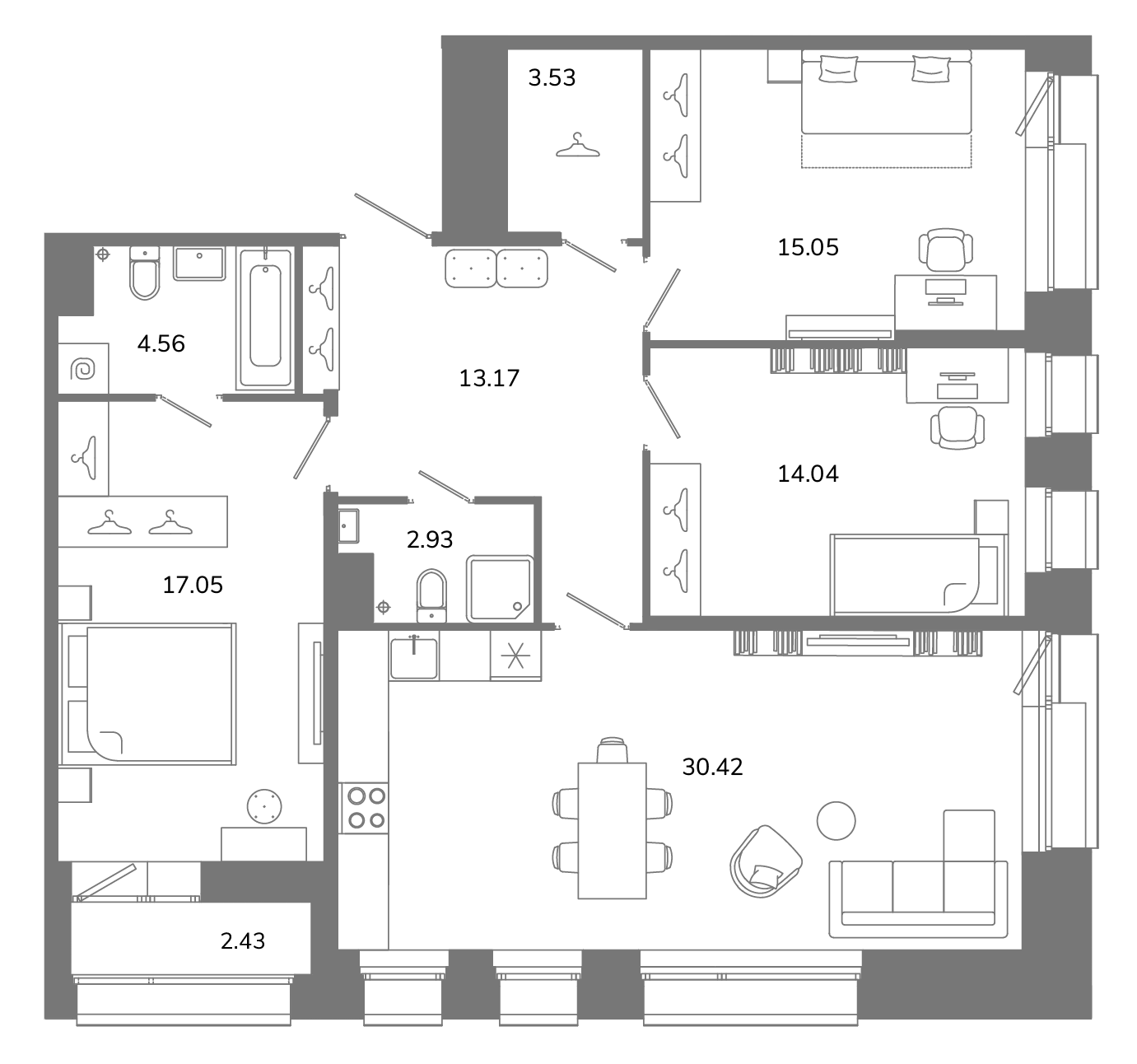 3-комнатная квартира №В12(3-22) в Твой космос 1-й корпус: 101.96 м², этаж 12 - купить в Санкт-Петербурге