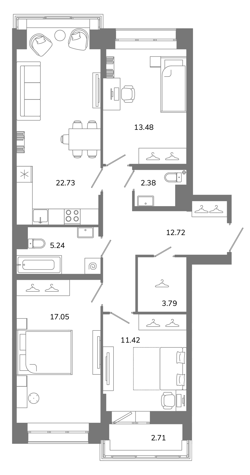 3-комнатная квартира №Б3(3-7) в Твой космос 1-й корпус: 90.16 м², этаж 3 - купить в Санкт-Петербурге