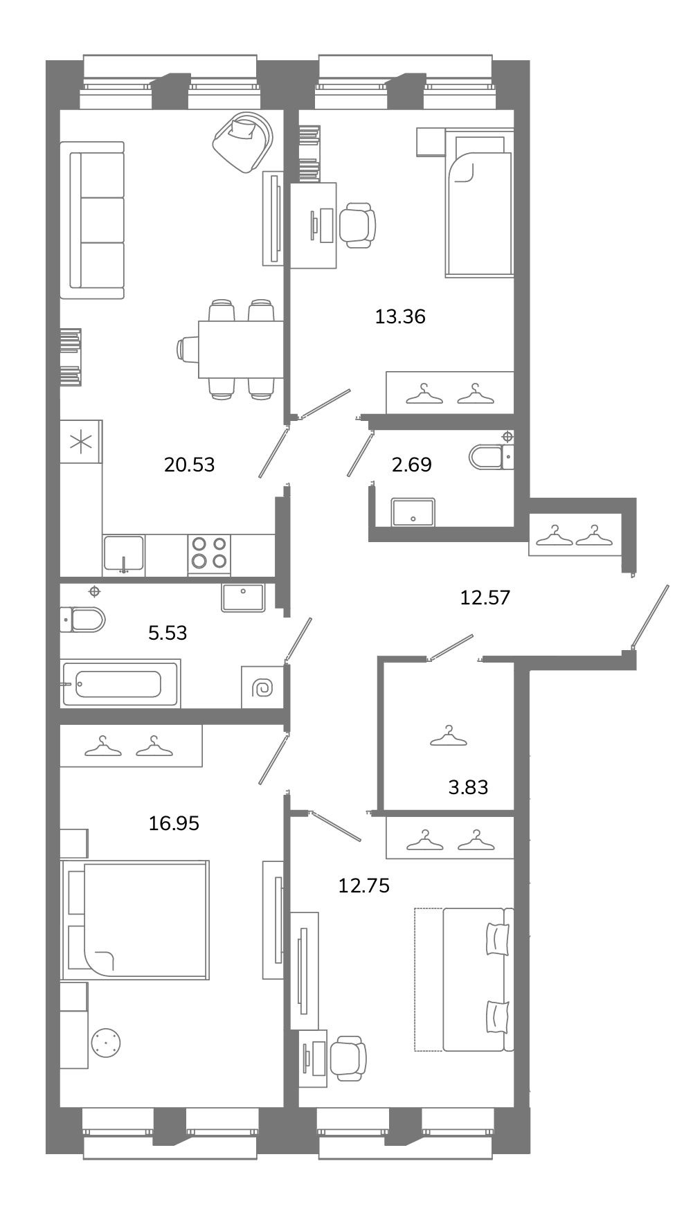 3-комнатная квартира №Б2(3-6) в Твой космос 1-й корпус: 88.21 м², этаж 2 - купить в Санкт-Петербурге