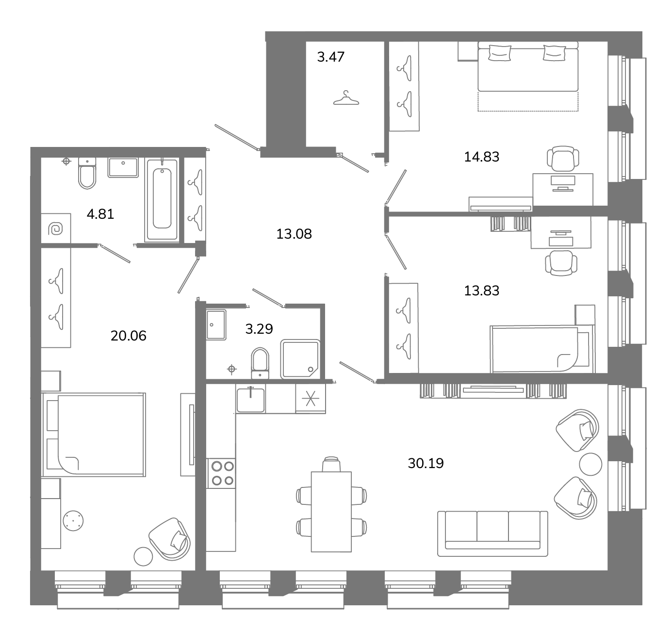 3-комнатная квартира №В2(3-14) в Твой космос 1-й корпус: 103.56 м², этаж 2 - купить в Санкт-Петербурге