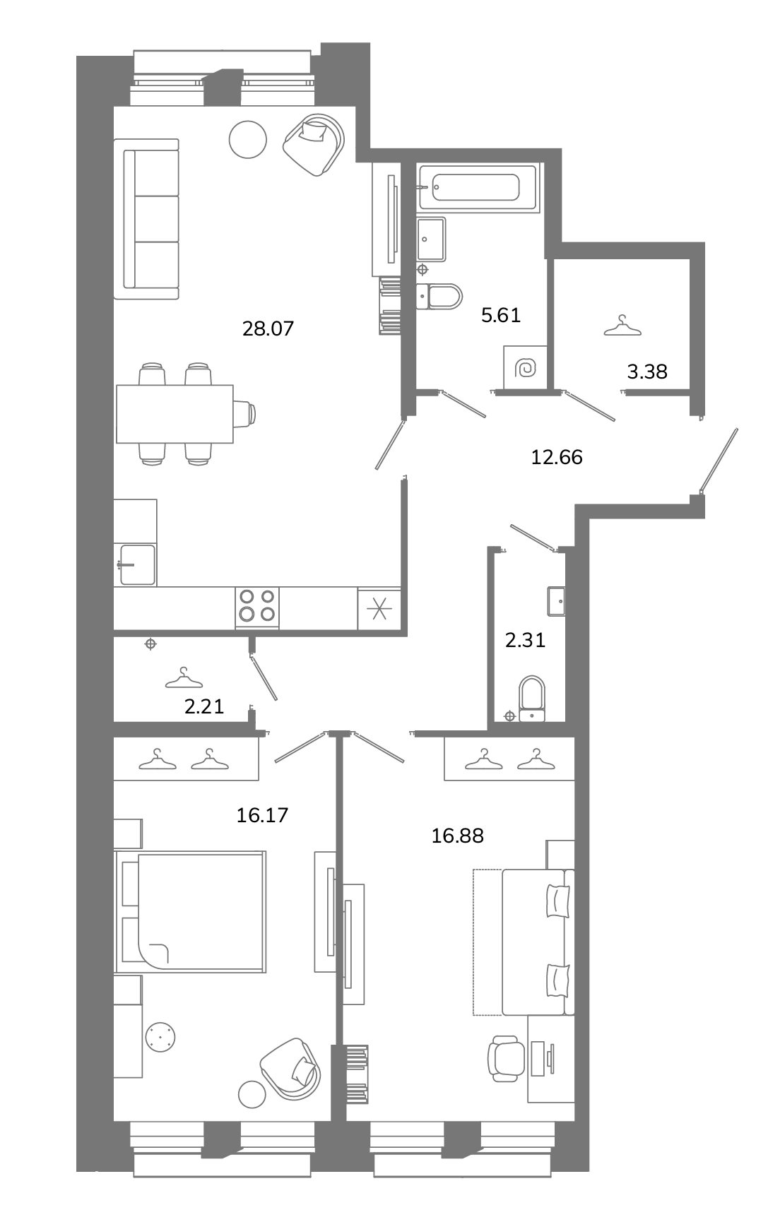 2-комнатная квартира №В2(2-18) в Твой космос 1-й корпус: 87.29 м², этаж 2 - купить в Санкт-Петербурге