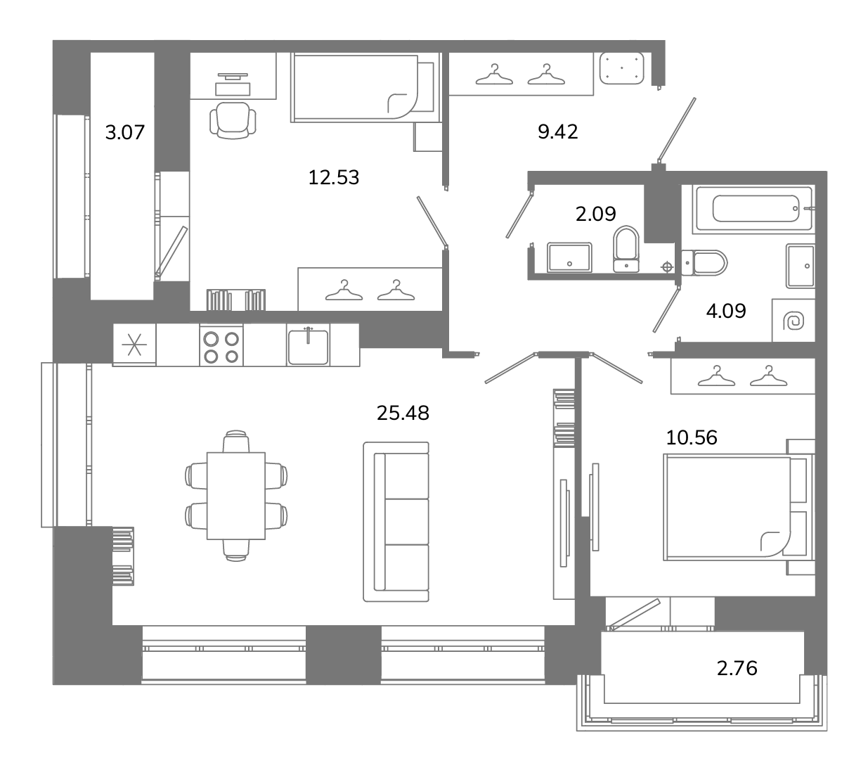 2-комнатная квартира №А4(2-3а) в Твой космос 1-й корпус: 67.09 м², этаж 4 - купить в Санкт-Петербурге
