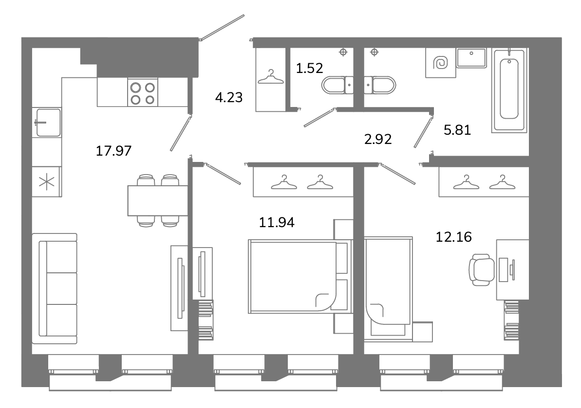 2-комнатная квартира №Б2(2-27) в Твой космос 1-й корпус: 56.55 м², этаж 2 - купить в Санкт-Петербурге
