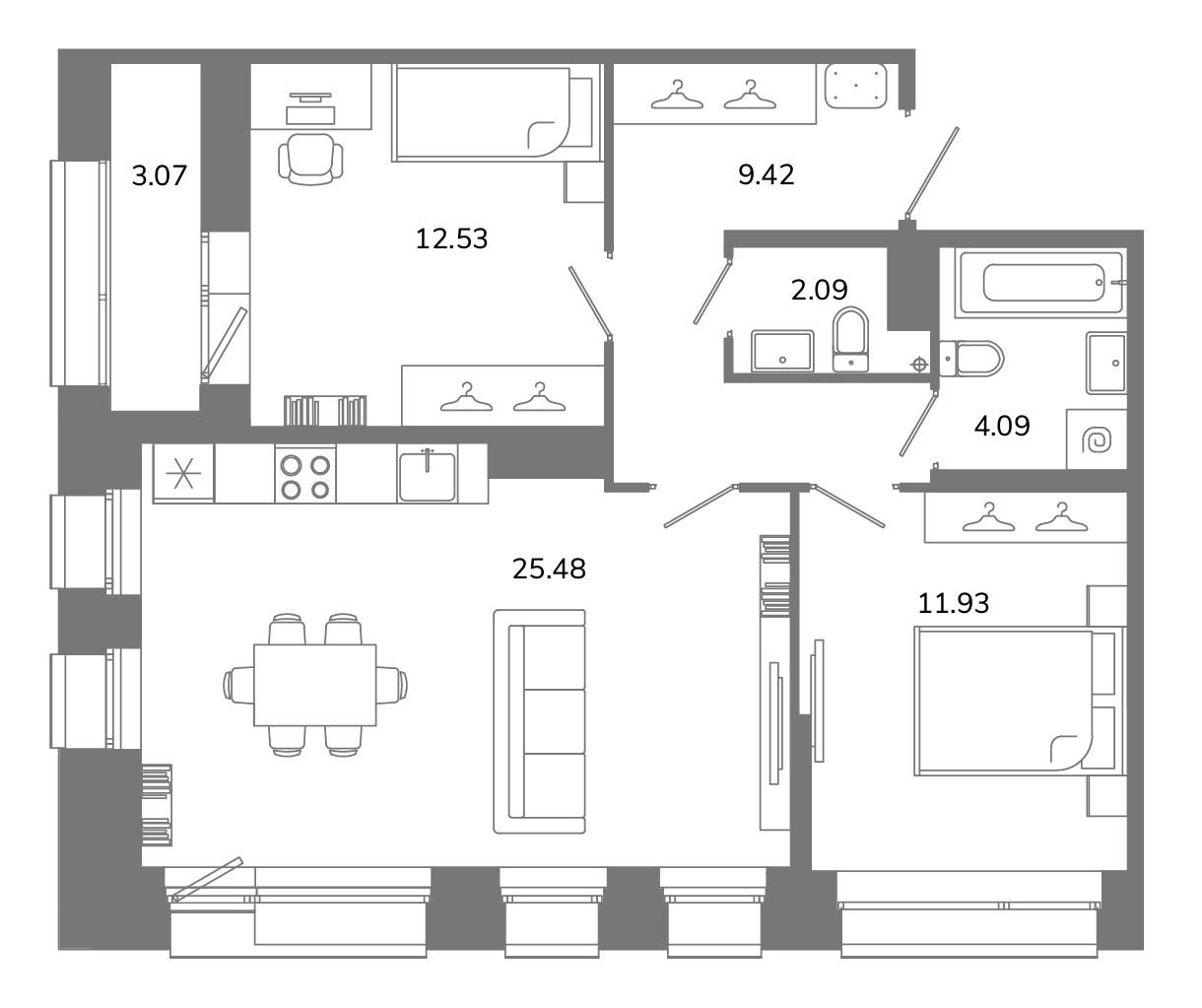 2-комнатная квартира №А11(2-8) в Твой космос 1-й корпус: 67.08 м², этаж 11 - купить в Санкт-Петербурге