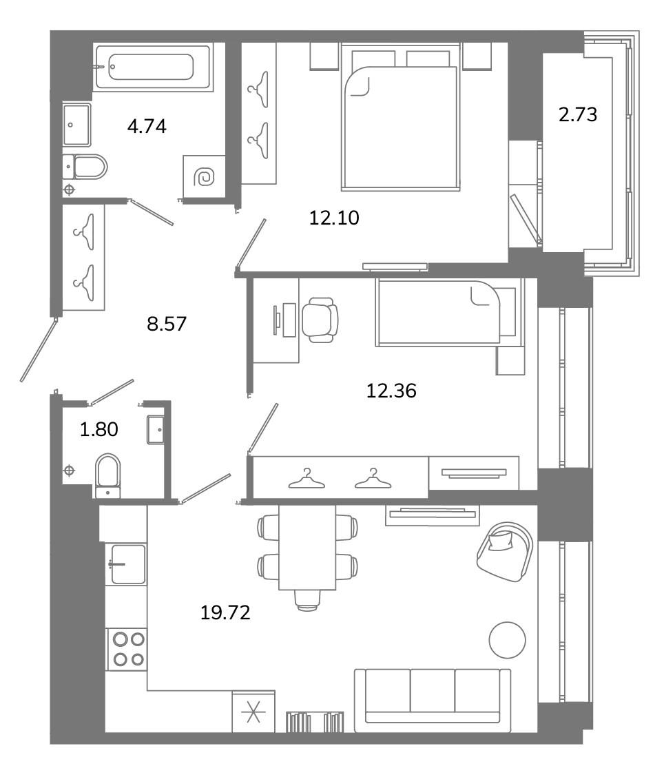 2-комнатная квартира №В3(2-19) в Твой космос 1-й корпус: 60.65 м², этаж 3 - купить в Санкт-Петербурге