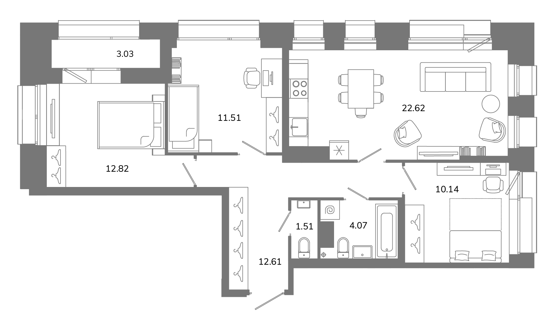 3-комнатная квартира №В12(3-21) в Твой космос 1-й корпус: 76.8 м², этаж 12 - купить в Санкт-Петербурге