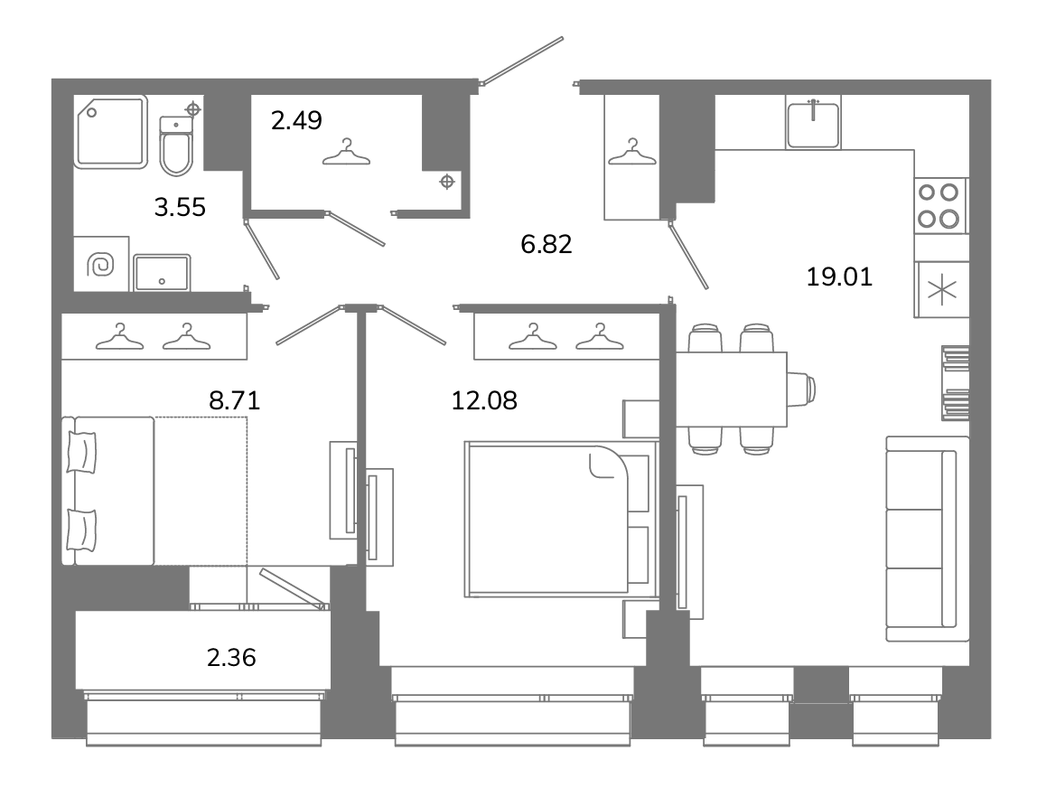 2-комнатная квартира №А12(2-10) в Твой космос 1-й корпус: 53.84 м², этаж 12 - купить в Санкт-Петербурге
