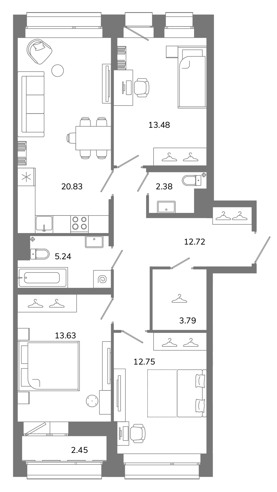 3-комнатная квартира №Б11(3-10) в Твой космос 1-й корпус: 86.04 м², этаж 11 - купить в Санкт-Петербурге