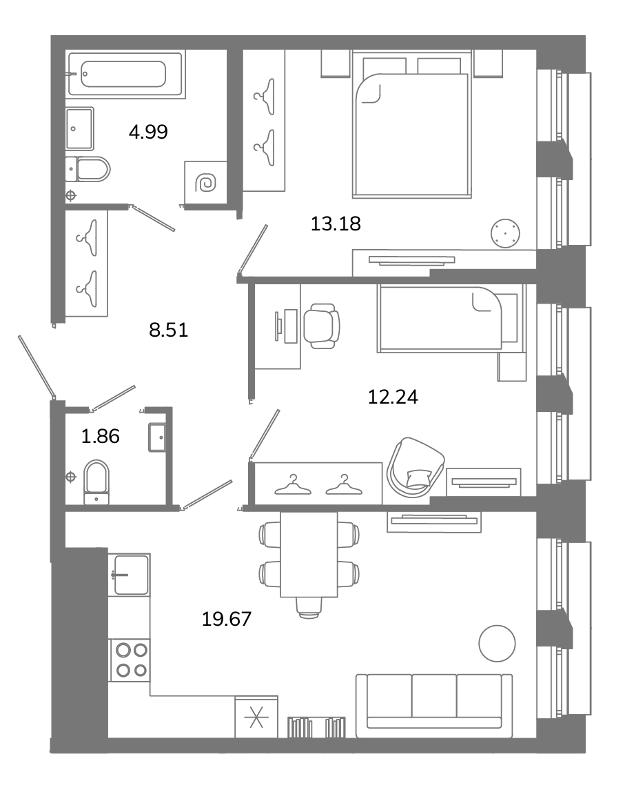 2-комнатная квартира №В2(2-17) в Твой космос 1-й корпус: 60.45 м², этаж 2 - купить в Санкт-Петербурге