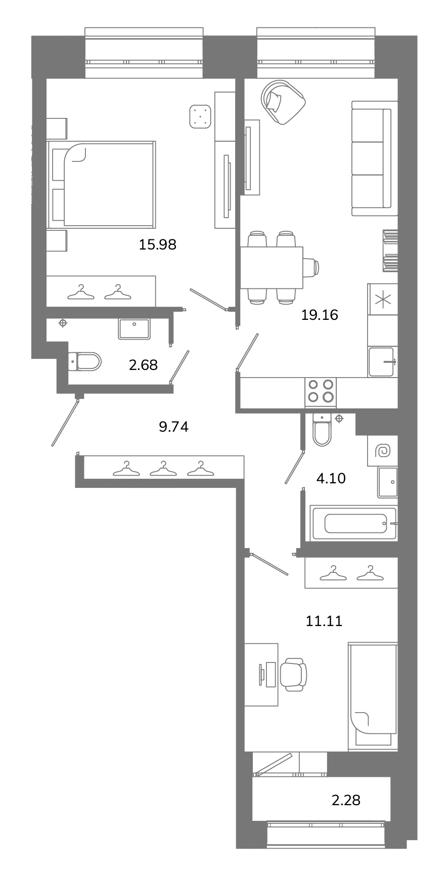 2-комнатная квартира №Б9(2-13) в Твой космос 1-й корпус: 63.91 м², этаж 9 - купить в Санкт-Петербурге