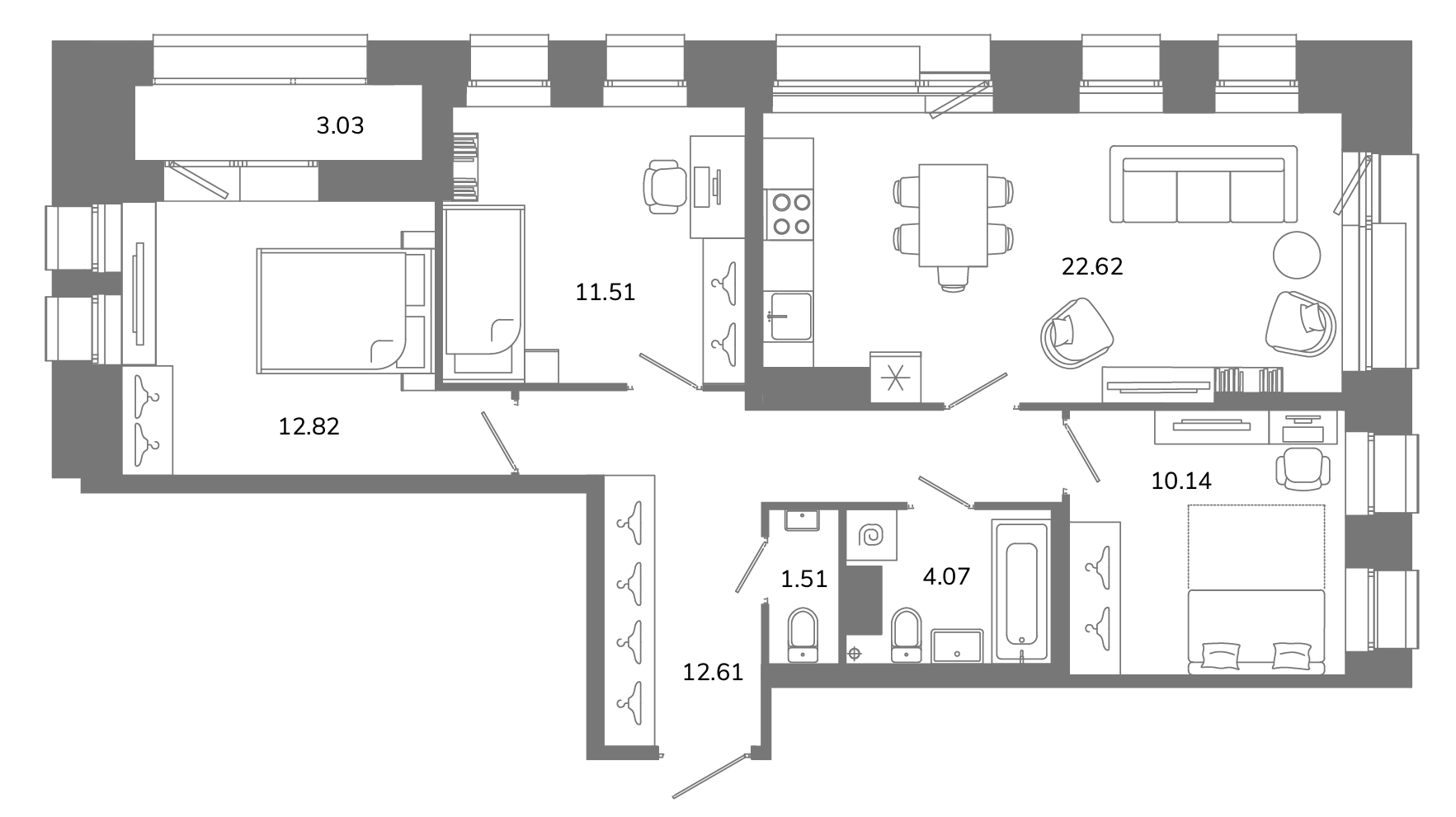 3-комнатная квартира №В11(3-19) в Твой космос 1-й корпус: 76.8 м², этаж 11 - купить в Санкт-Петербурге