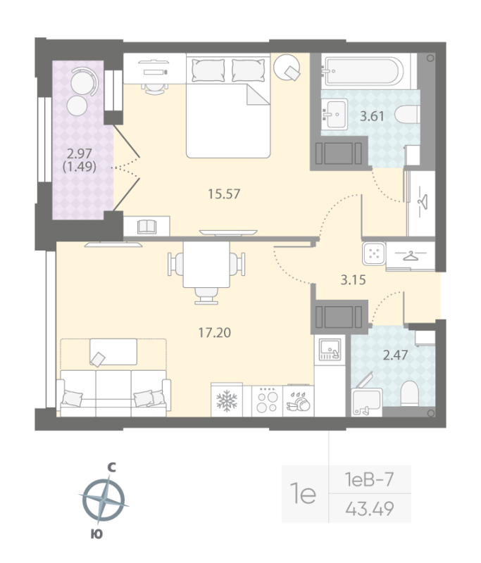 1-комнатная квартира №305 в Цивилизация на Неве 6-й корпус: 43.49 м², этаж 13 - купить в Санкт-Петербурге