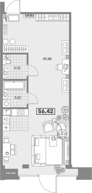 1-комнатная квартира, 56.42 м²; этаж: 1 - купить в Санкт-Петербурге