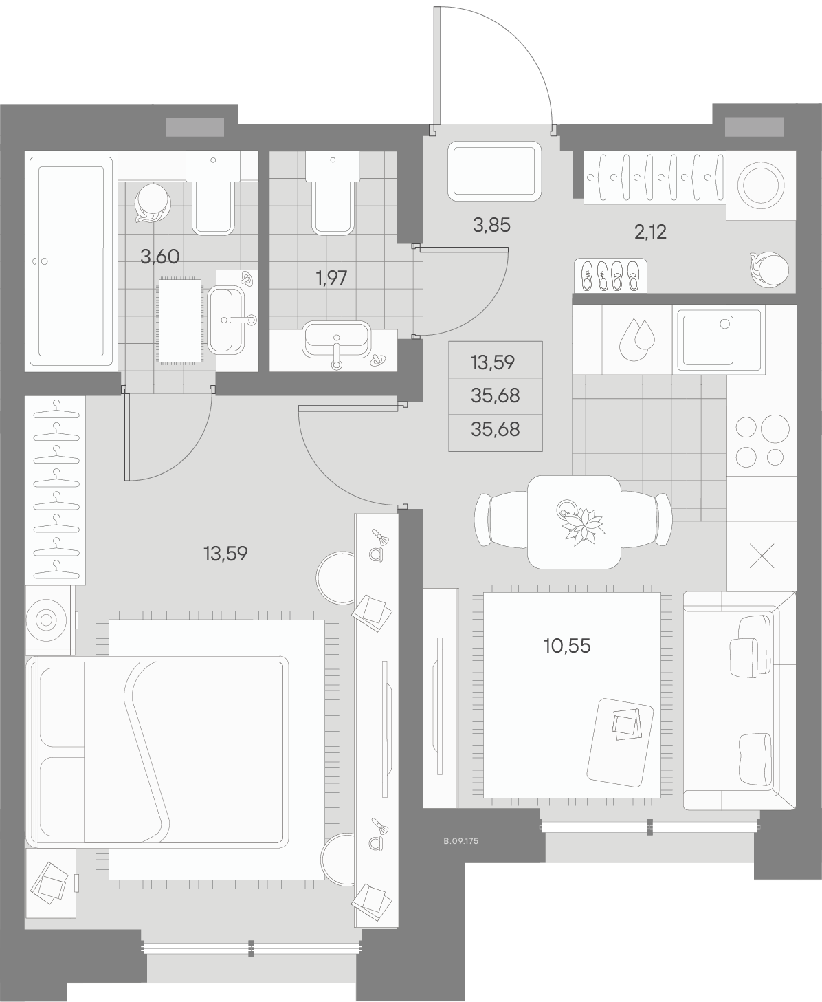 1-комнатная квартира №175 в Alpen: 35.68 м², этаж 9 - купить в Санкт-Петербурге