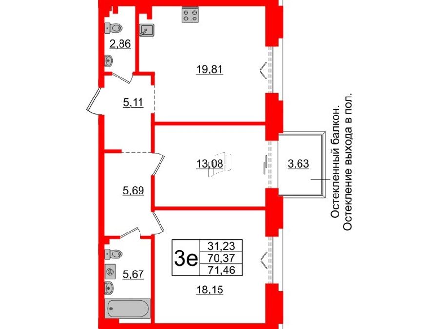 2-комнатная квартира, 70.37 м²; этаж: 4 - купить в Санкт-Петербурге