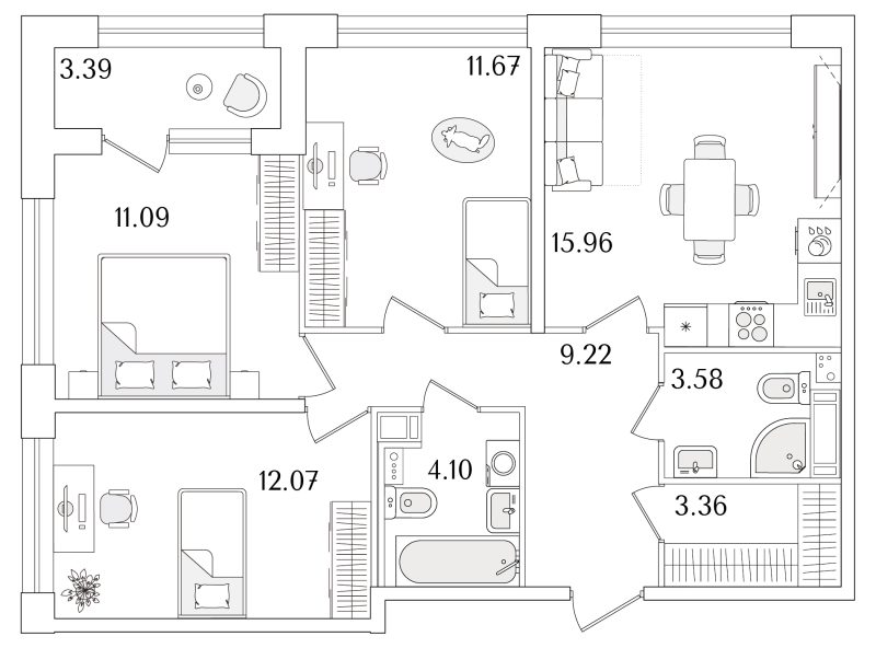 3-комнатная квартира, 72.75 м²; этаж: 13 - купить в Санкт-Петербурге
