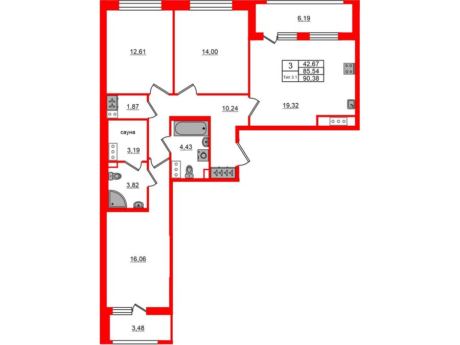 3-комнатная квартира № в: Сэтл Ривьера: 85.54 м²; этаж: 3 - купить в Санкт-Петербурге