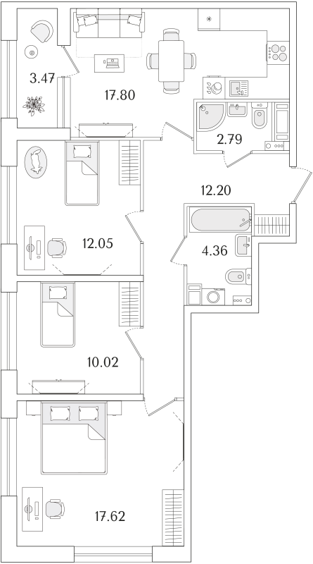 3-комнатная квартира, 78.58 м²; этаж: 2 - купить в Санкт-Петербурге